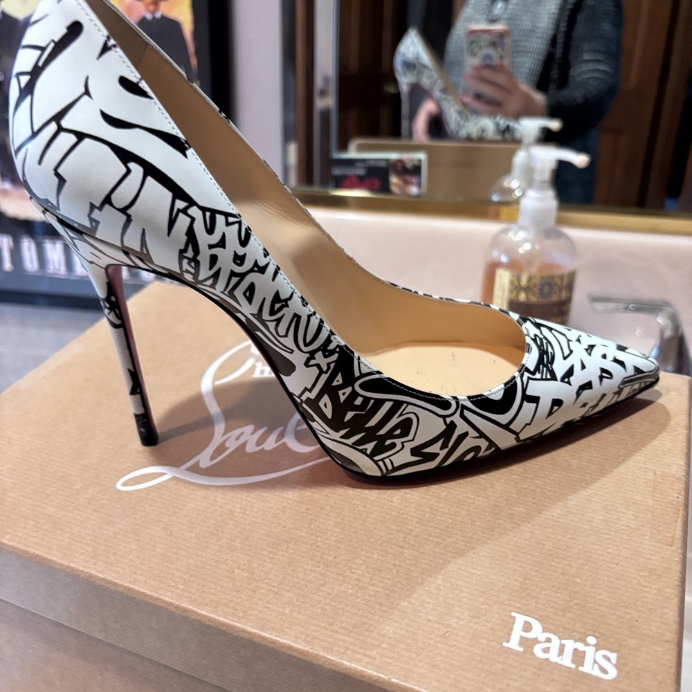 Christian Louboutin White & Black Graffiti Pointed-Toe Stiletto Pump. Worn once.